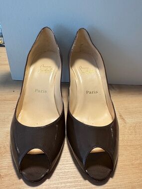 Christian Louboutin Dark Brown Patent Leather Peep-Toe Pumps